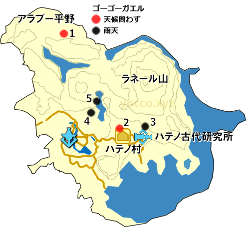 東ハテールのゴーゴーガエルの生息場所の地図