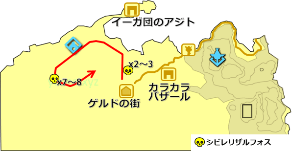 ゲルド砂漠のシビレリザルフォスの生息場所の地図